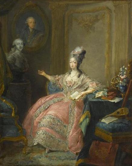 unknow artist Portrait of Marie Josephine of Savoy Countess of Provence pointing to a bust of her husband overlooked by a portrait of her father China oil painting art